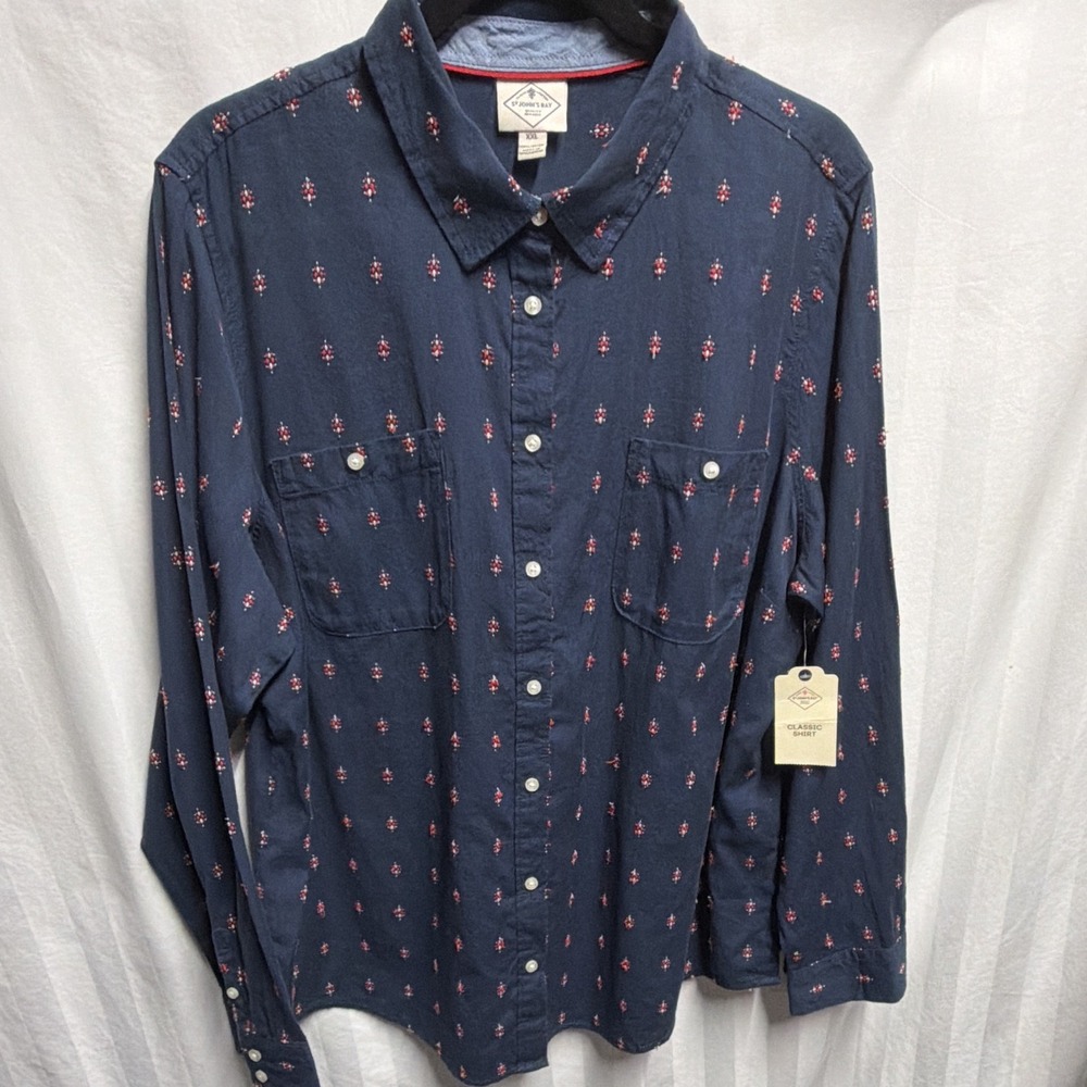 NWT St. John's Bay Navy Geo Embroidered Button Down Shirt Blue Geometric XXL